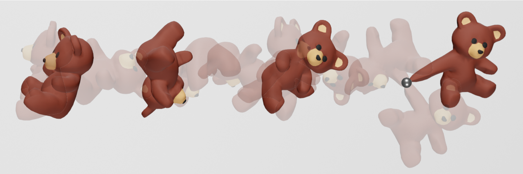 Successive poses of a deformable teddy bear simulated with constrained Projective Dynamics