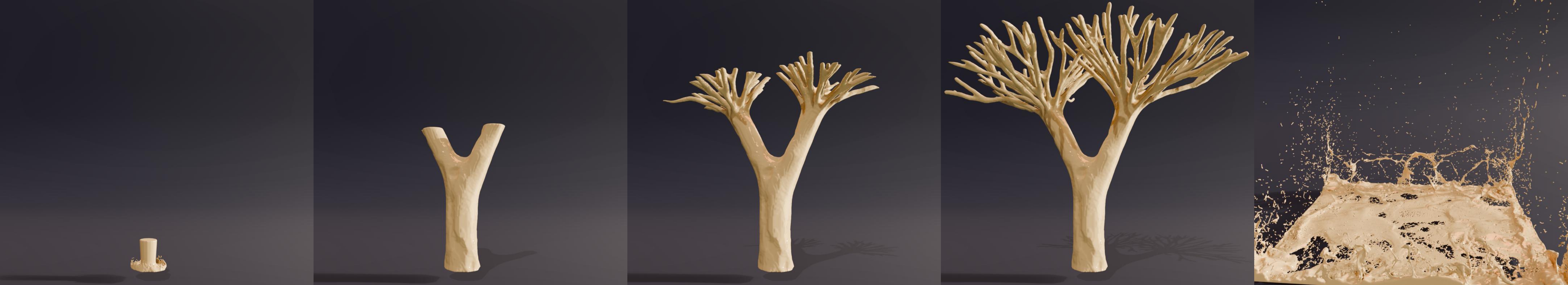 Five stages of the Hollow Tree fluid simulation, from an initial column to a branching tree and its collapse