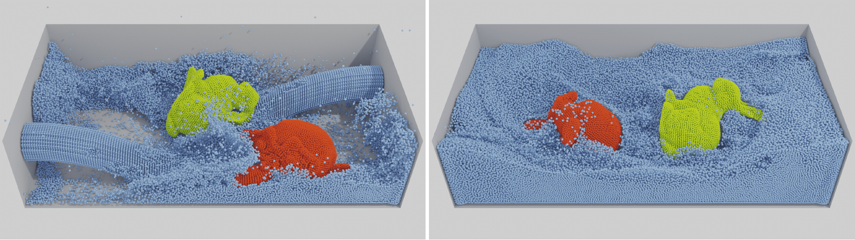 Two snapshots of red and yellow hyperelastic solids interacting with blue fluid particles in a tank